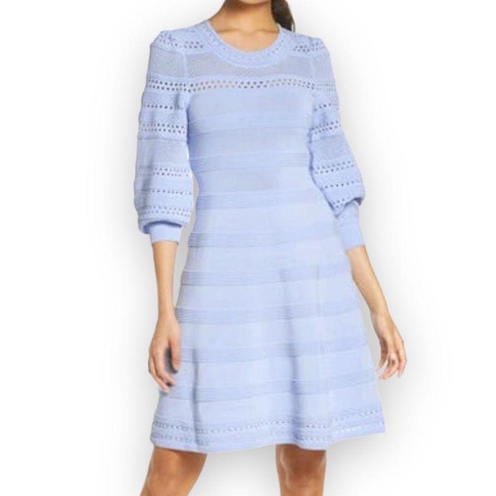 Eliza J Blue Pointelle Quarter Puff Sleeve Fit & Flare Sweater Dress